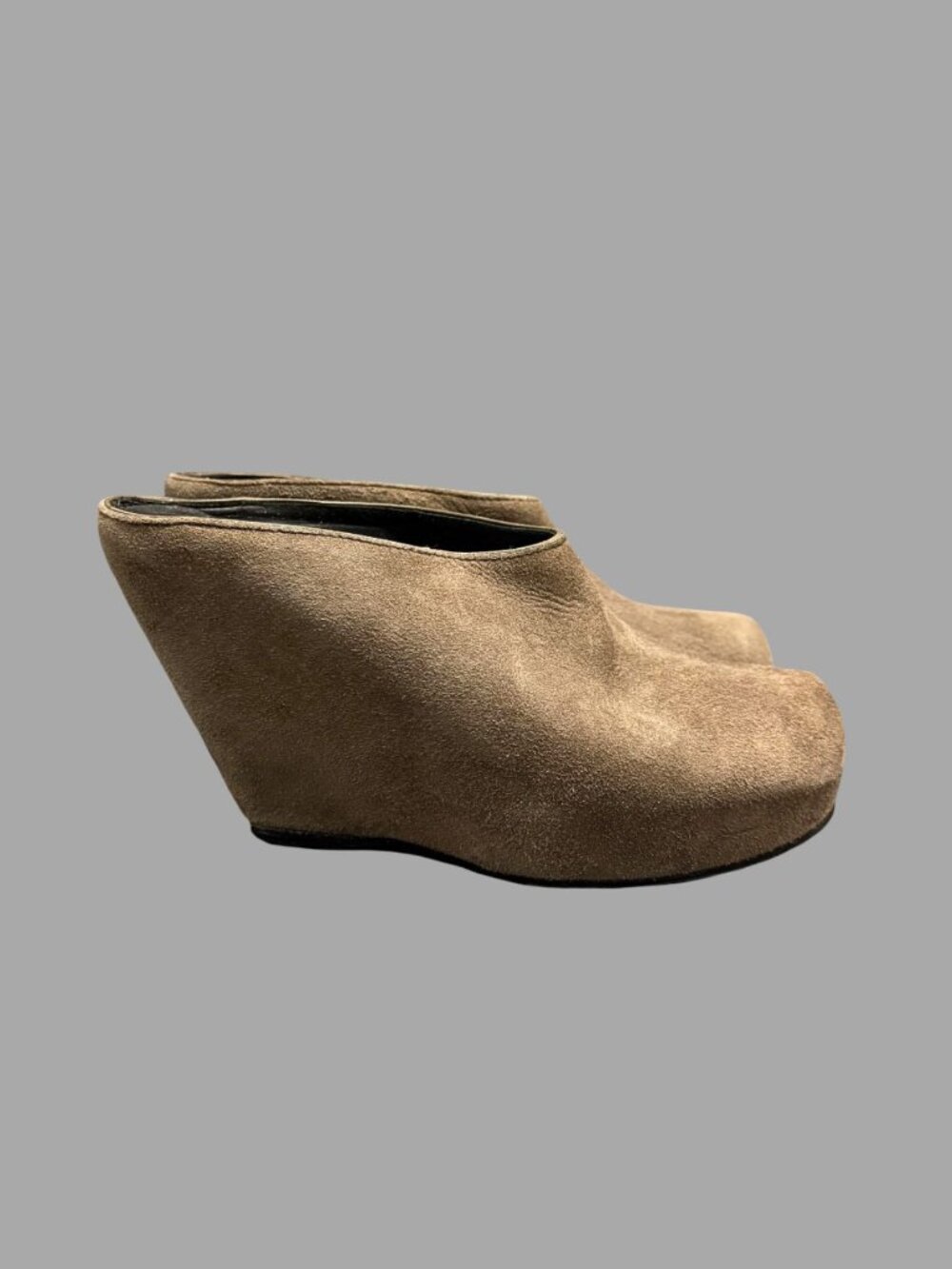 RICK OWENS Light Brown Suede Leather Platform Wedge Mules